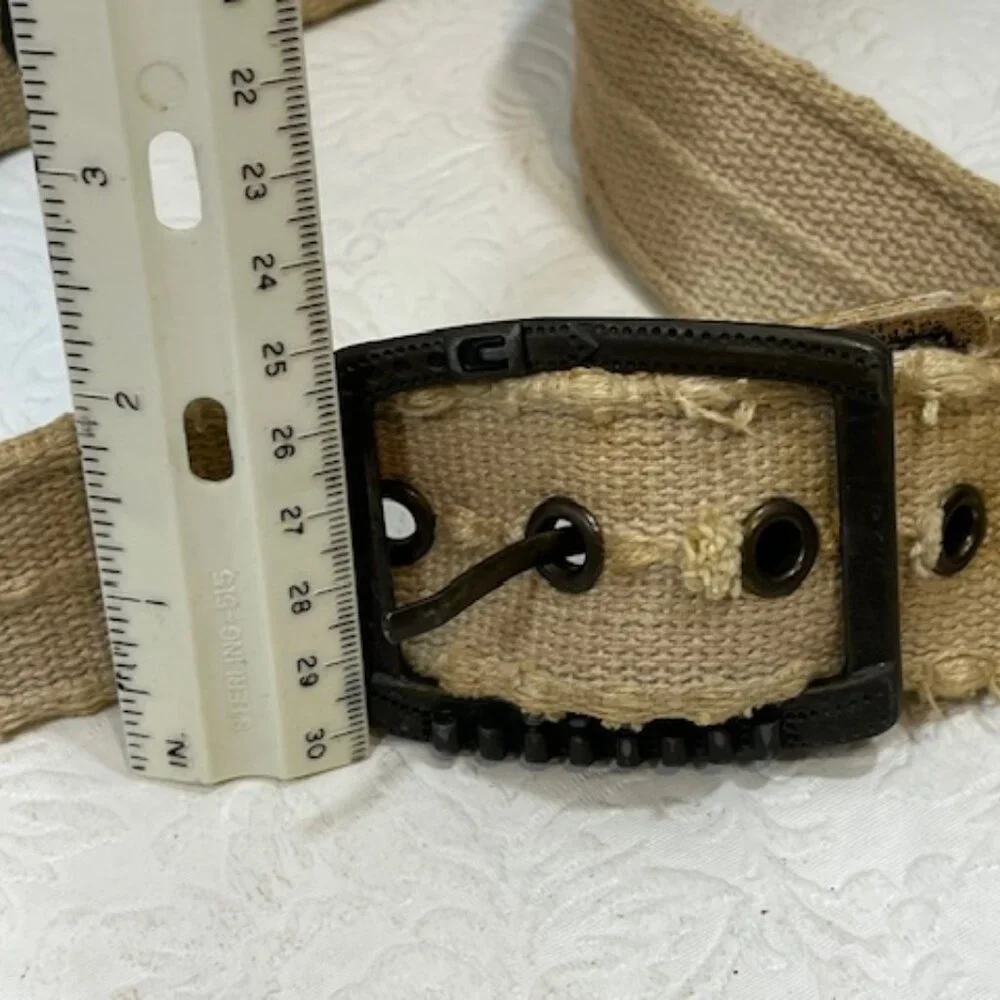 Beige Distressed Canvas Faux Leather Accents Metal Grommet Holes Belt 37